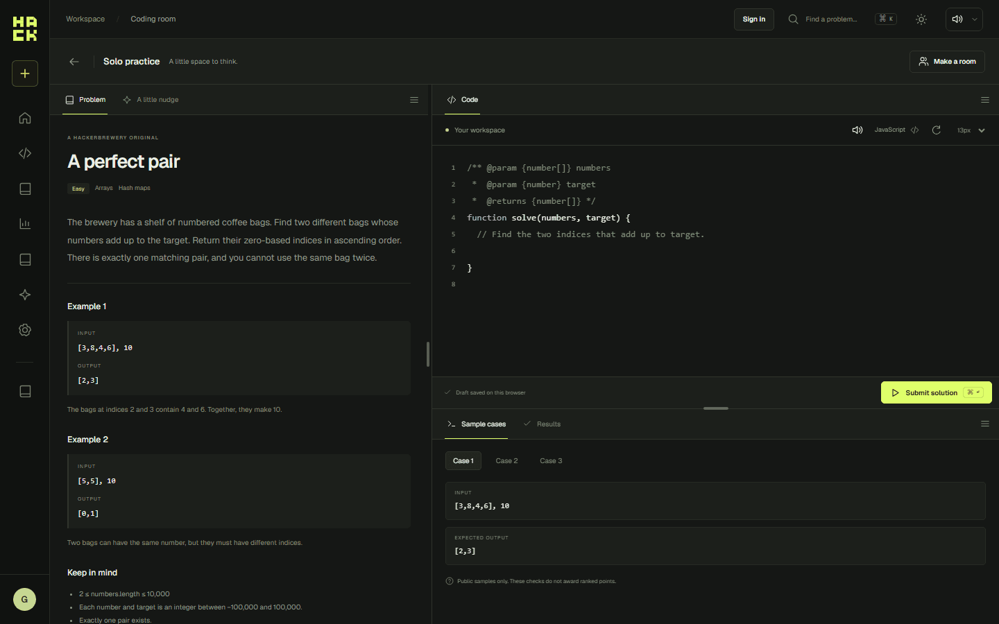 A real HackerBrewery practice workspace showing a JavaScript problem, editor, and public samples